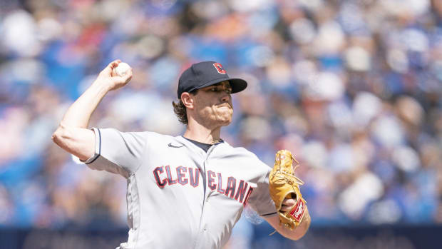 Aug 14, 2022; Toronto, Ontario, CAN; Cleveland Guardians starting pitcher Shane Bieber (57) throws a pitch against the Toronto Blue Jays during the first inning at Rogers Centre. Mandatory Credit: Nick Turchiaro-USA TODAY Sports  